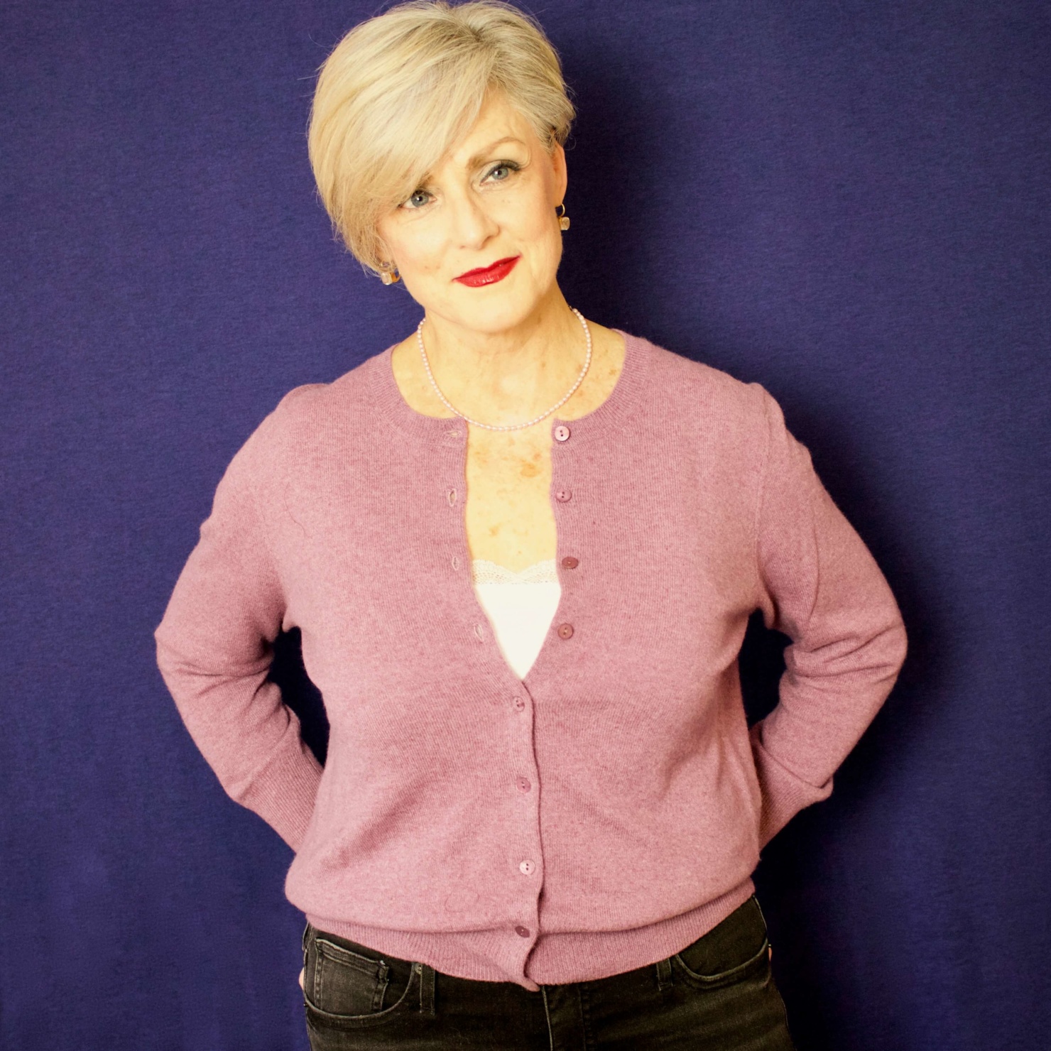 beth from Style at a Certain Age wears a cashmere cardigan from Marks & Spencer