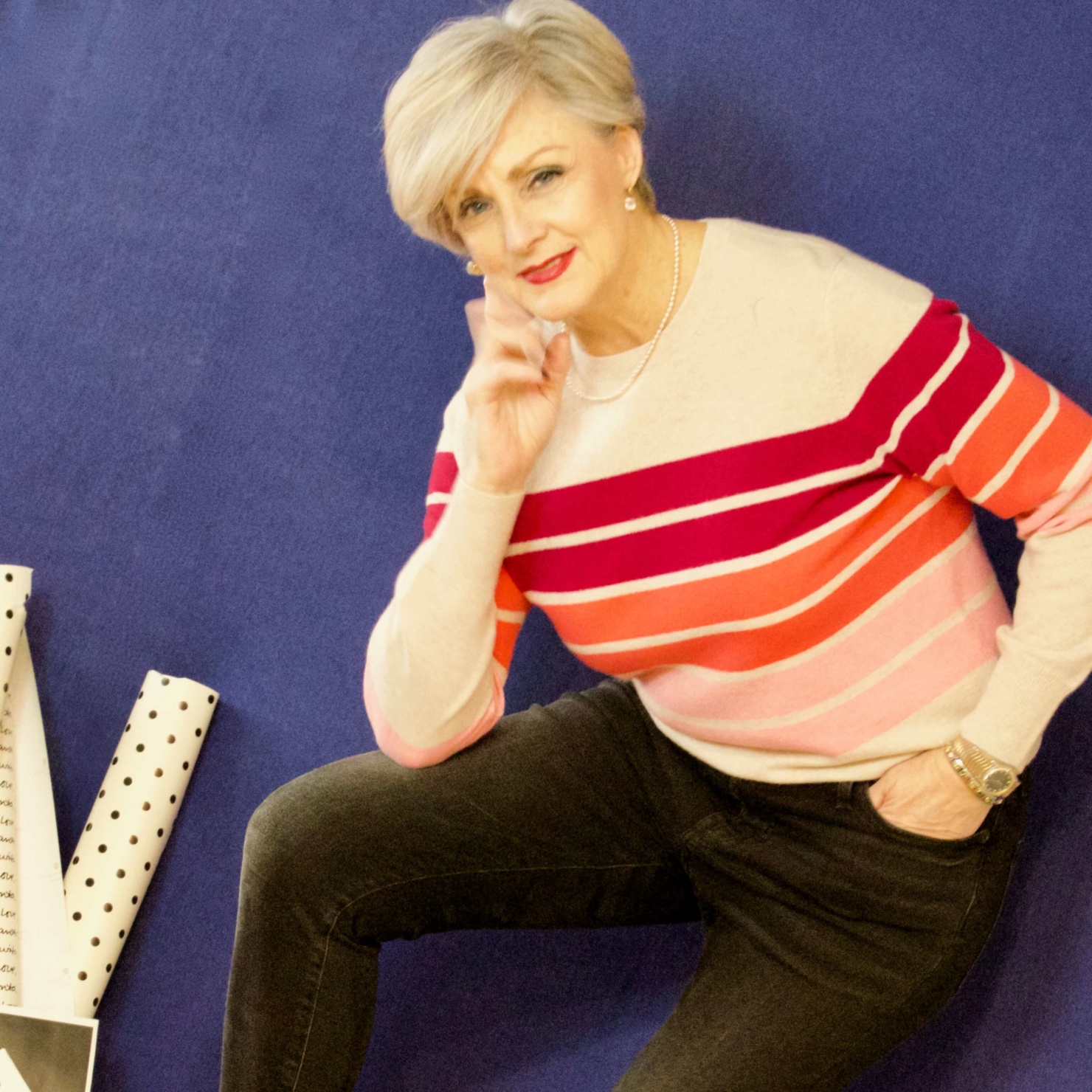 beth from Style at a Certain Age wears a striped cashmere crewneck from Marks & Spencer