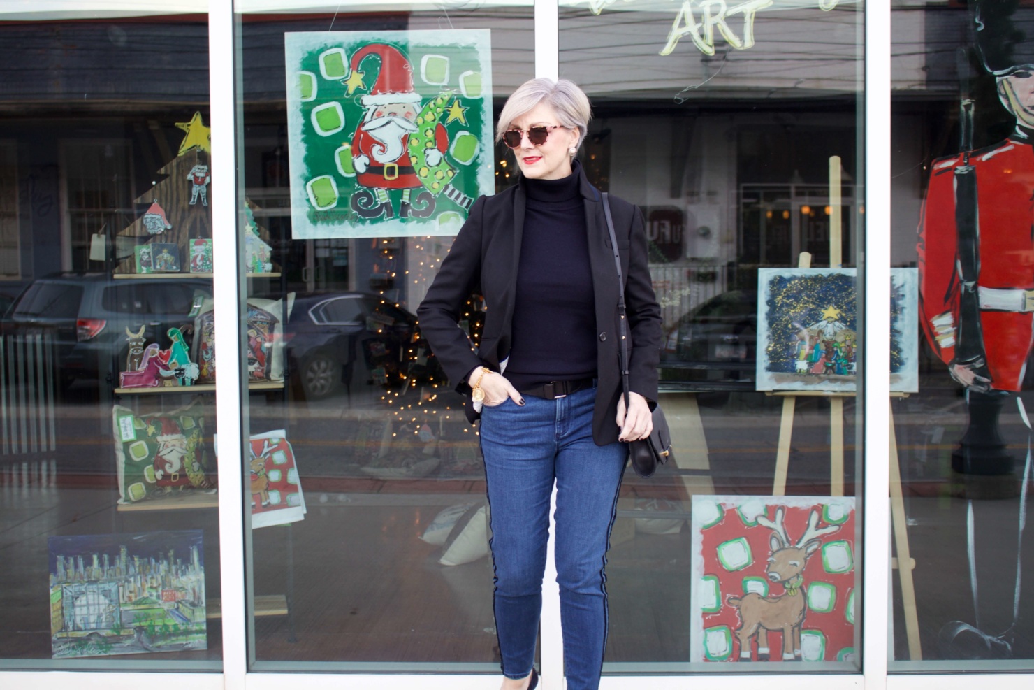 beth from style at a certain age wears tuxedo denim from Ann Taylor, cashmere turtleneck from Everlane and Parker blazer from J.Crew