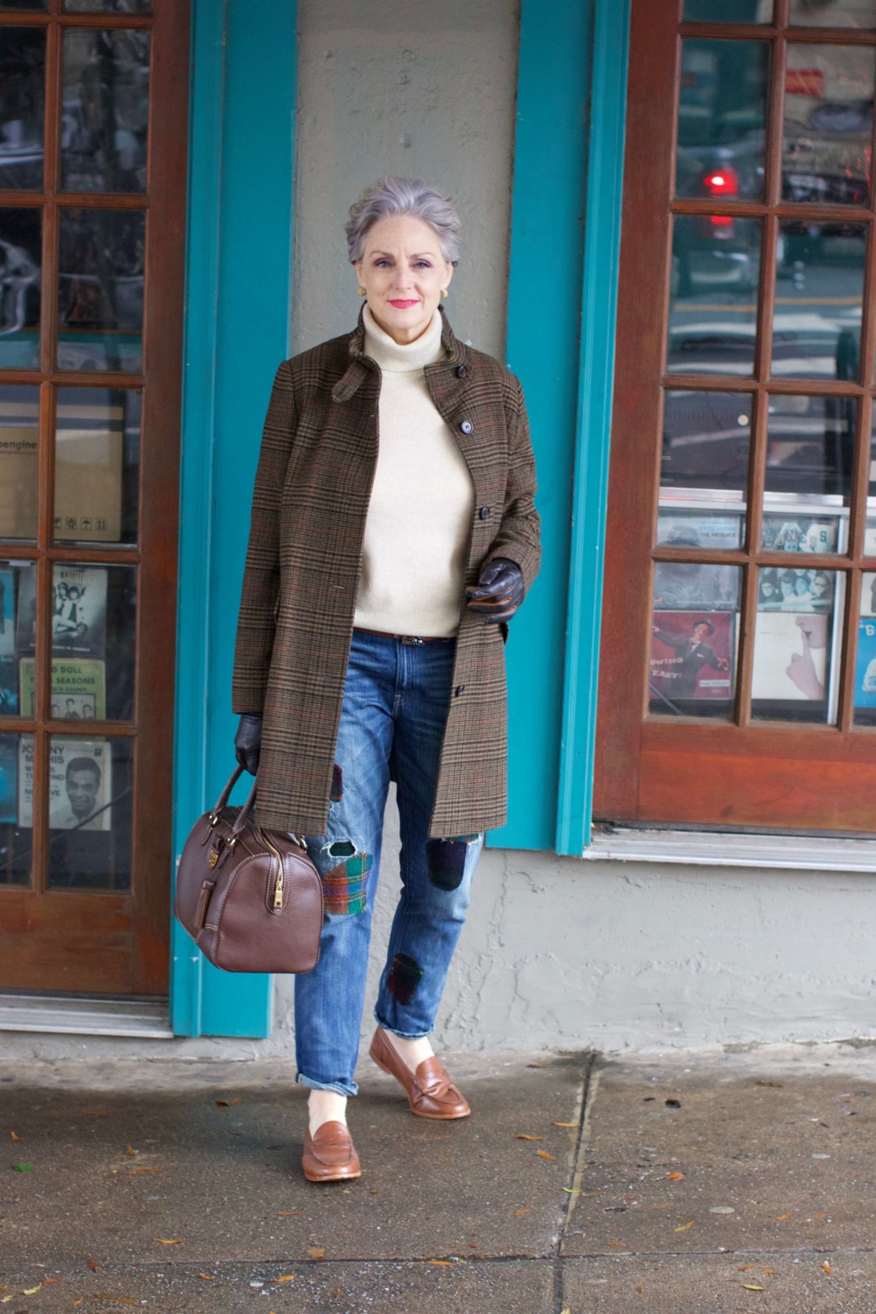 beth from Style at a Certain Age wears Ralph Lauren distressed jeans, Talbots cashmere turtleneck, J.Crew brown loafers, and Ralph Lauren glen plaid coat