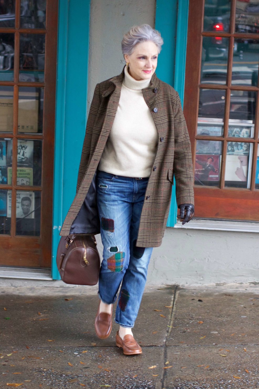 beth from Style at a Certain Age wears Ralph Lauren distressed jeans, Talbots cashmere turtleneck, J.Crew brown loafers, and Ralph Lauren glen plaid coat