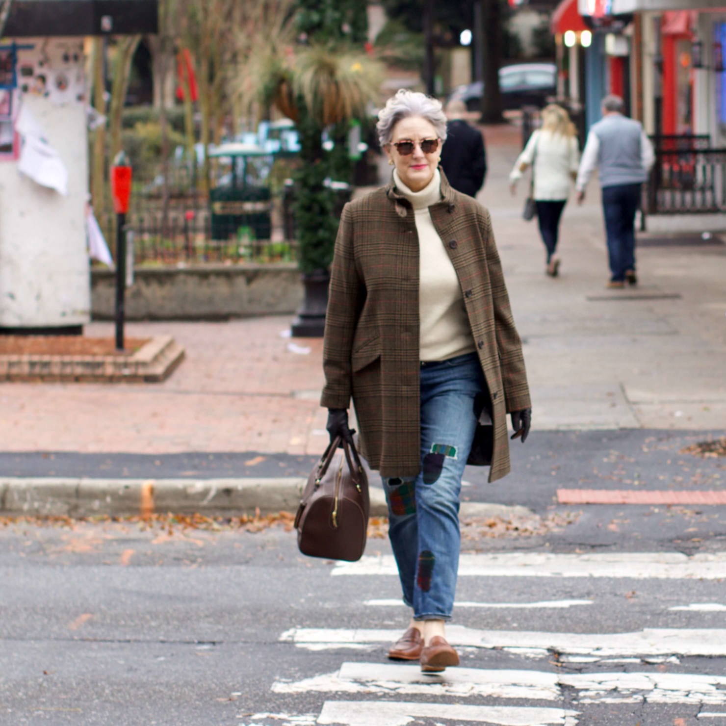 beth from Style at a Certain Age wears Ralph Lauren distressed jeans, Talbots cashmere turtleneck, J.Crew brown loafers, and Ralph Lauren glen plaid coat