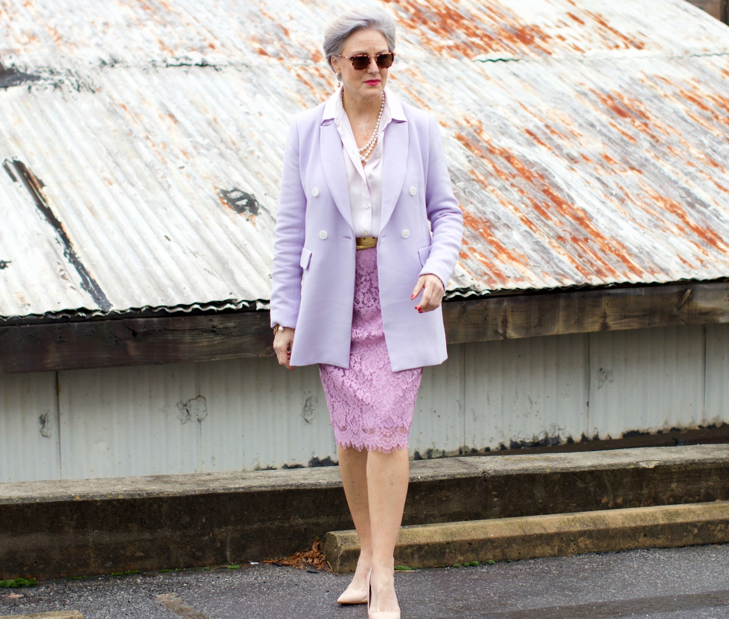 beth of Style at a Certain Age wears a double breasted blazer, lace skirt, charmeuse blouse and nude pumps for New Year's Eve