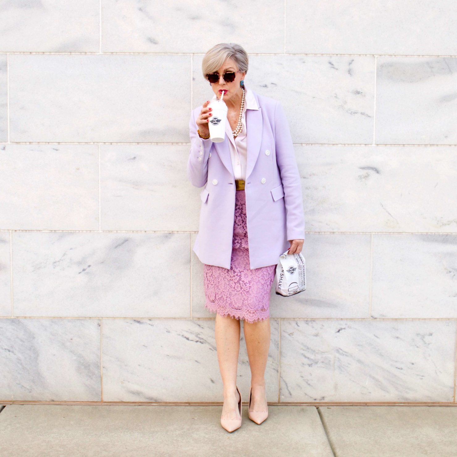 beth of Style at a Certain Age wears a double breasted blazer, lace skirt, charmeuse blouse and nude pumps for New Year's Eve