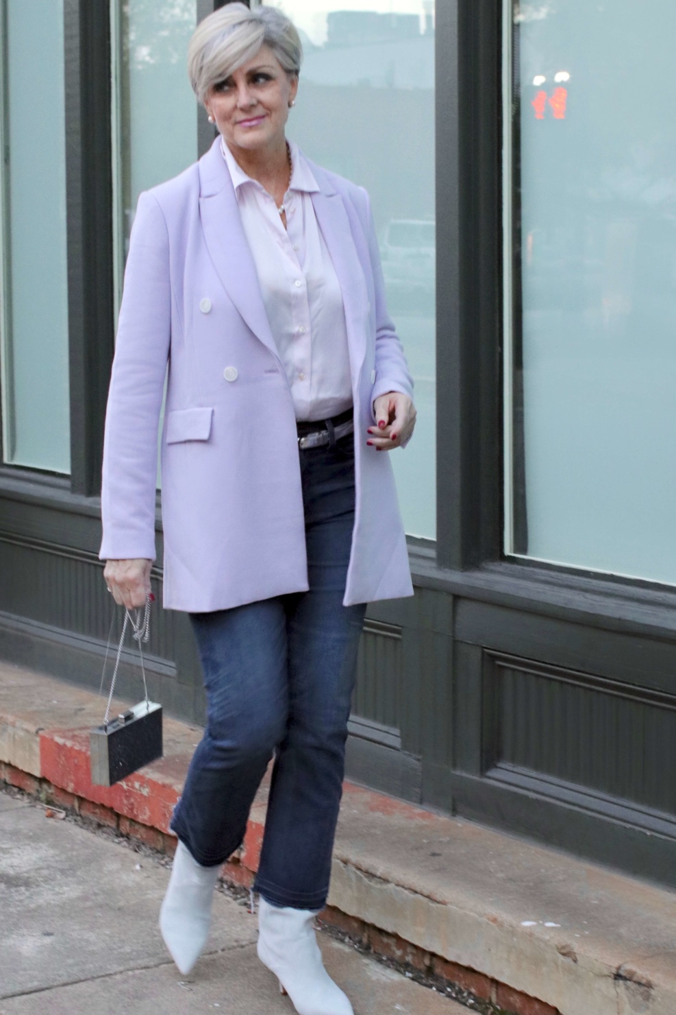 beth of Style at a Certain Age wears a double breasted blazer, lace skirt, charmeuse blouse and nude pumps for New Year's Eve
