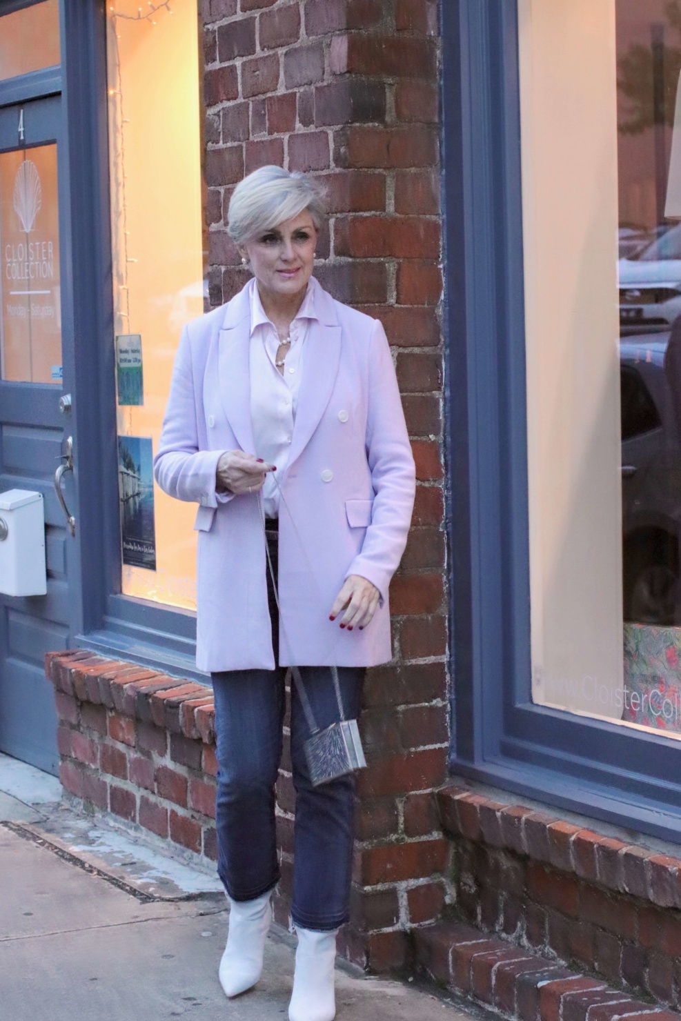 beth of Style at a Certain Age wears a double breasted blazer, lace skirt, charmeuse blouse and nude pumps for New Year's Eve