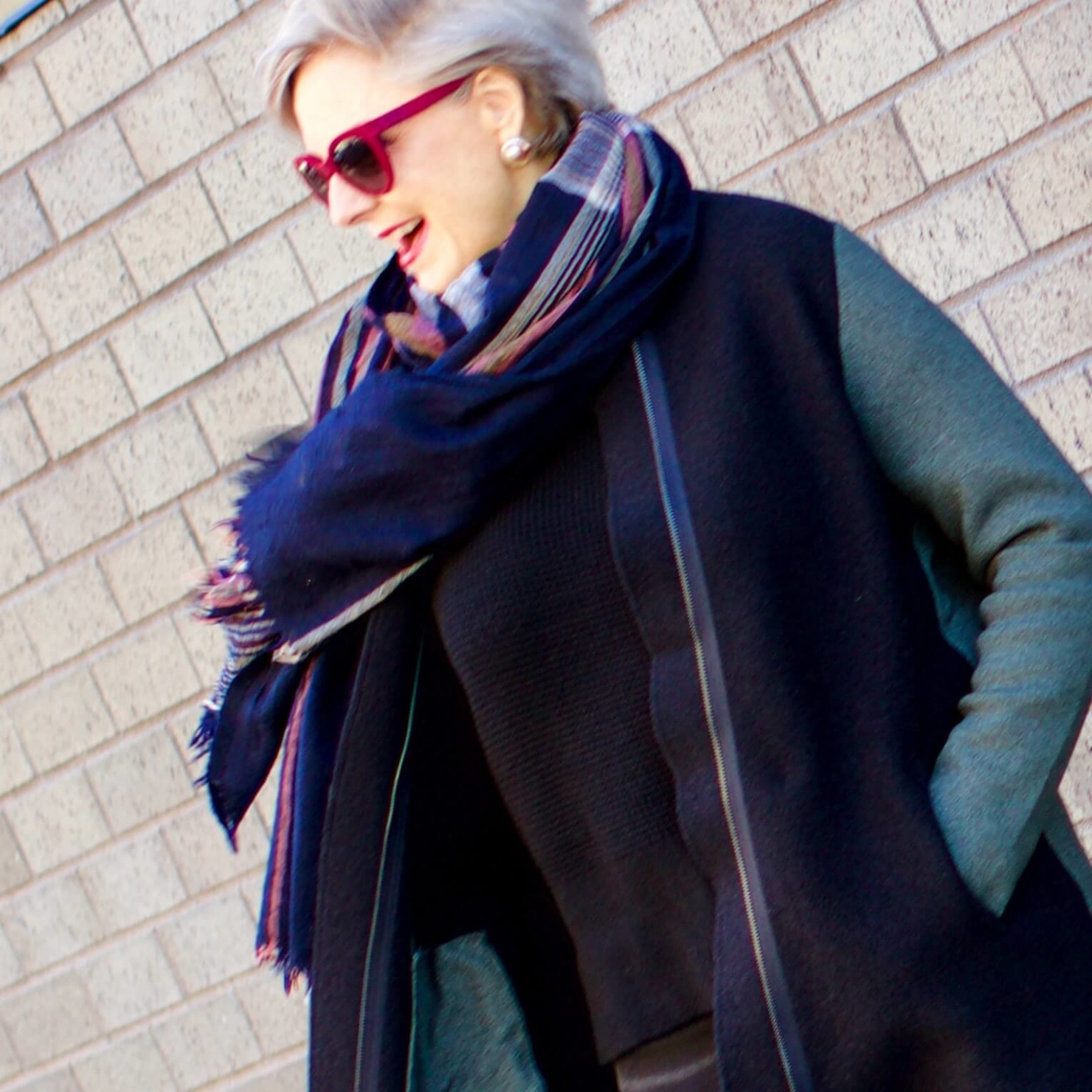 beth from Style at a Certain Age wears an Everlane cashmere waffle square turtleneck, J.Crew Factory black high rise skinny jean, Ann Taylor coatigan, Via Spiga black slouchy boots, Ralph Lauren black handbag, and wool scarf