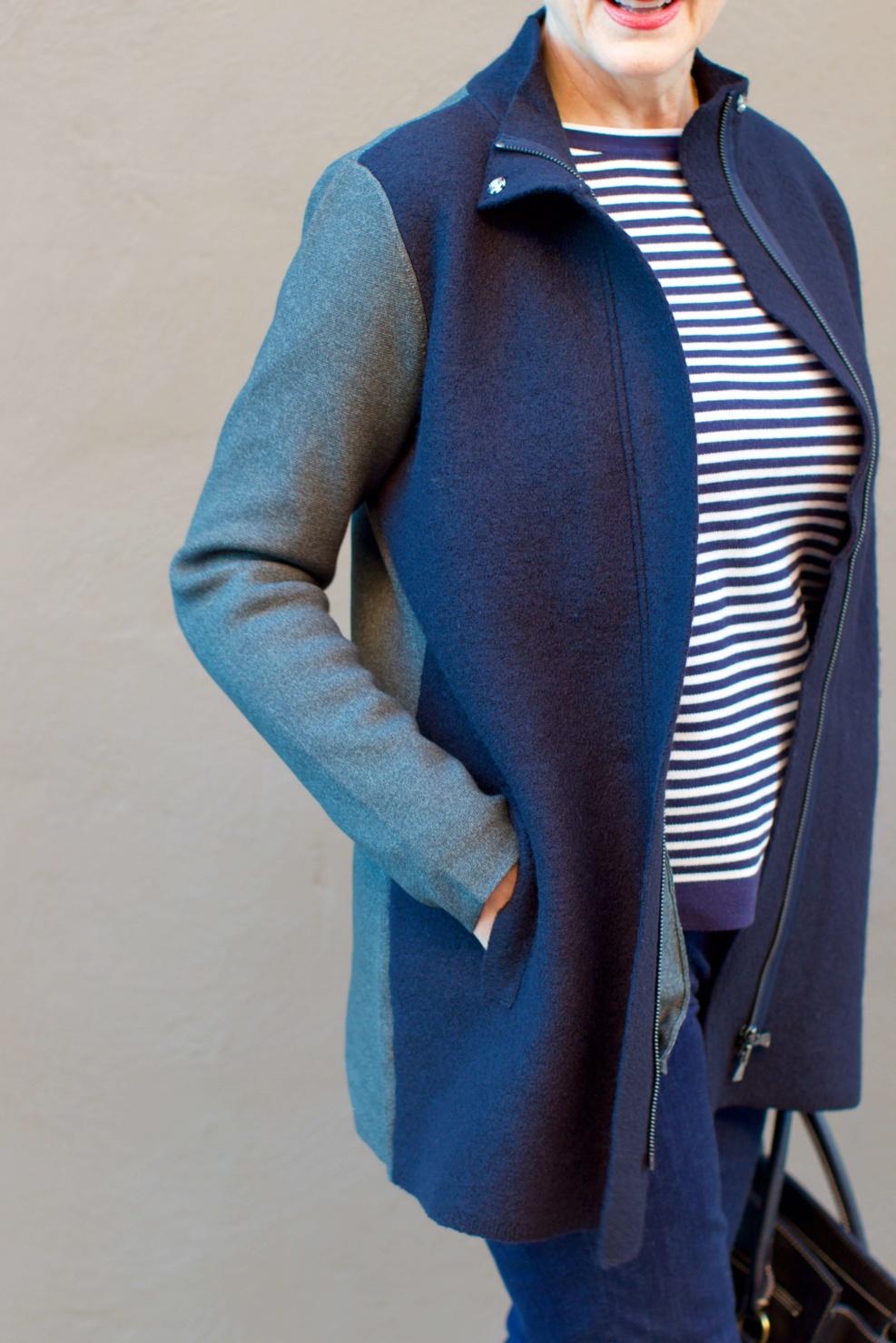 beth from Style at a Certain Age wears an Ann Taylor blue tweed jacket, faux denim sailor pants, v neck button sleeve blouse, silk ribbon chain scarf, and pointy toe booties