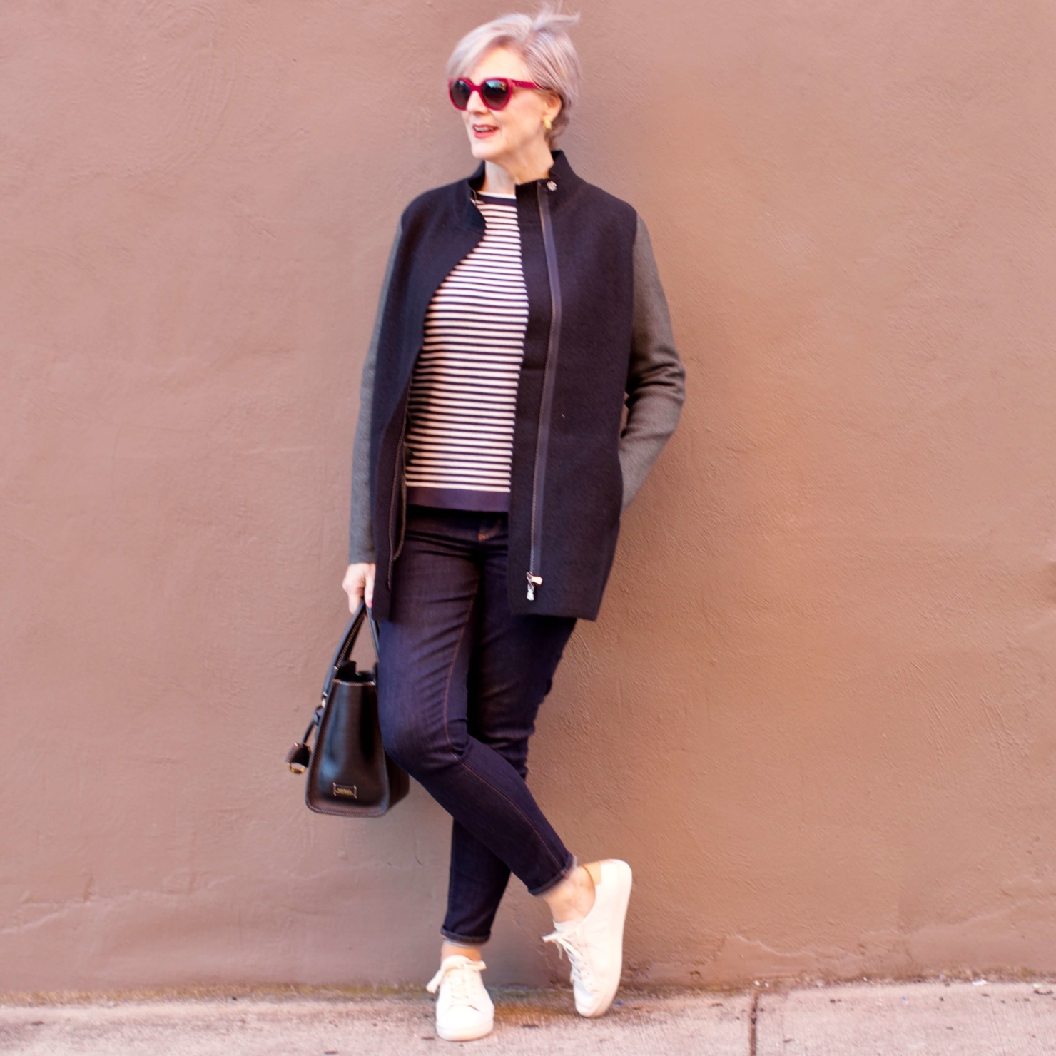 beth from Style at a Certain Age wears an Ann Taylor blue tweed jacket, faux denim sailor pants, v neck button sleeve blouse, silk ribbon chain scarf, and pointy toe booties
