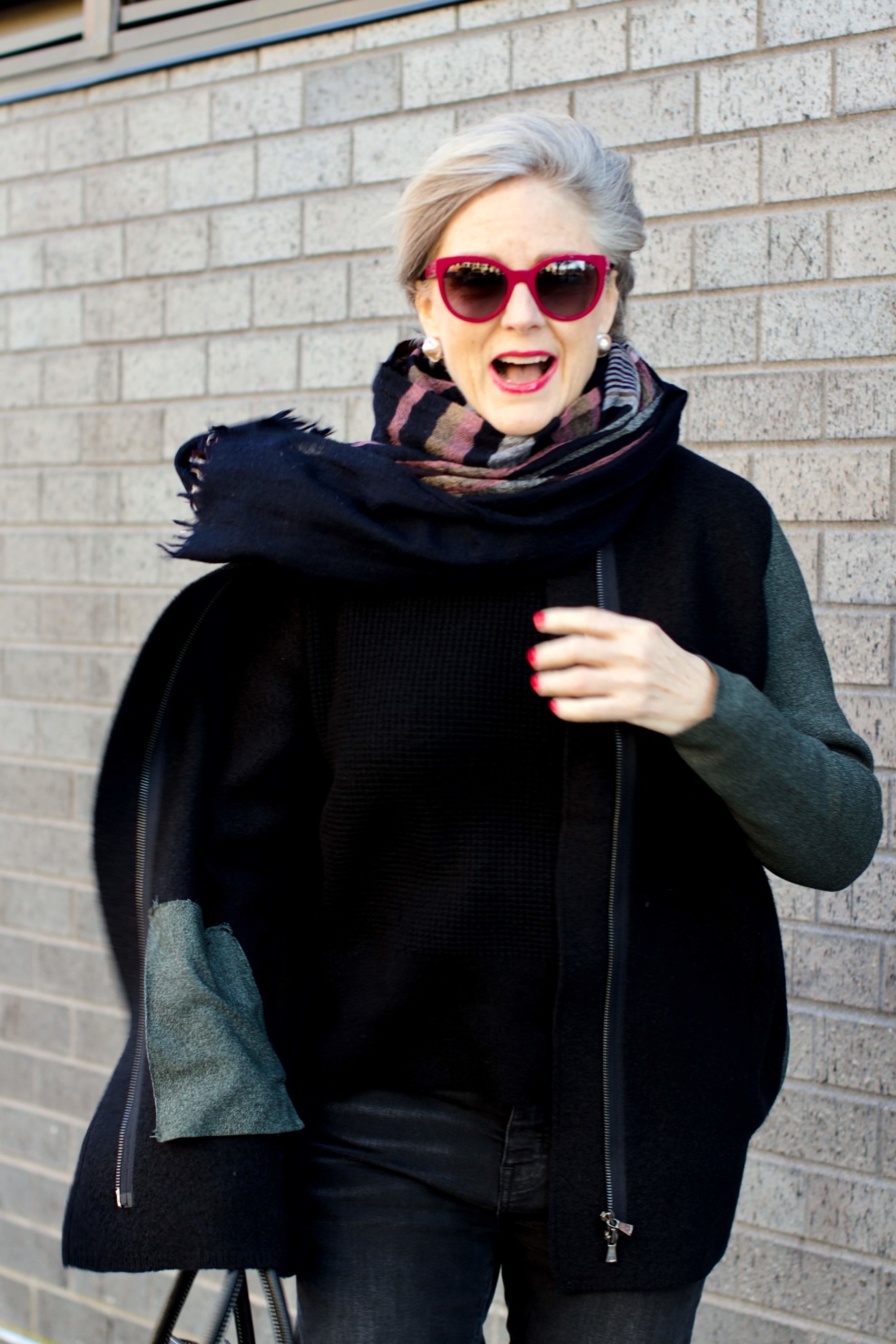 beth from Style at a Certain Age wears an Everlane cashmere waffle square turtleneck, J.Crew Factory black high rise skinny jean, Ann Taylor coatigan, Via Spiga black slouchy boots, Ralph Lauren black handbag, and wool scarf