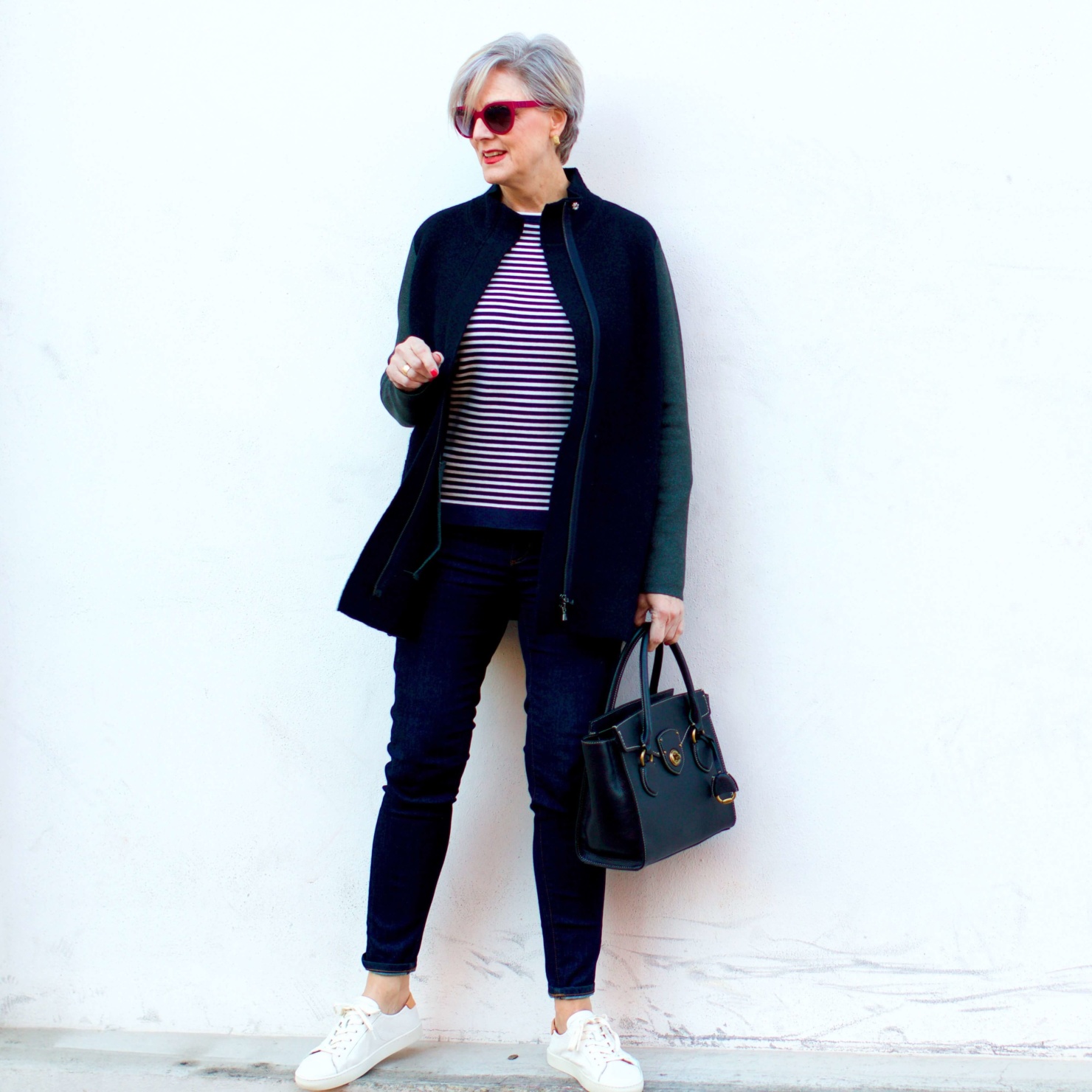 beth from Style at a Certain Age wears an Ann Taylor blue tweed jacket, faux denim sailor pants, v neck button sleeve blouse, silk ribbon chain scarf, and pointy toe booties