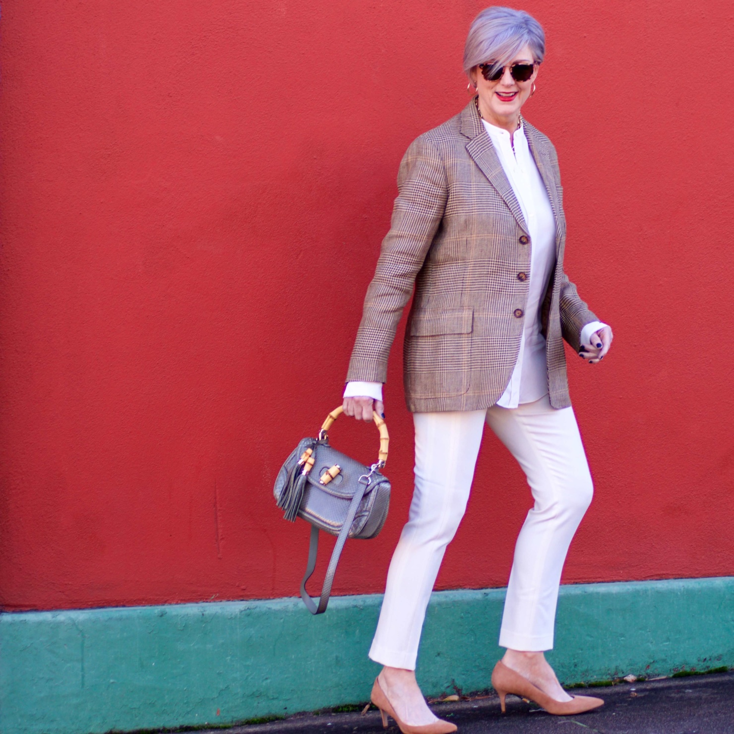 beth from Style at a Certain Age wears a Ralph Lauren blazer, Helmut Lang winter white blouse, J. crew Maddie pant, Ann Taylor suede pumps, and Gucci handbag