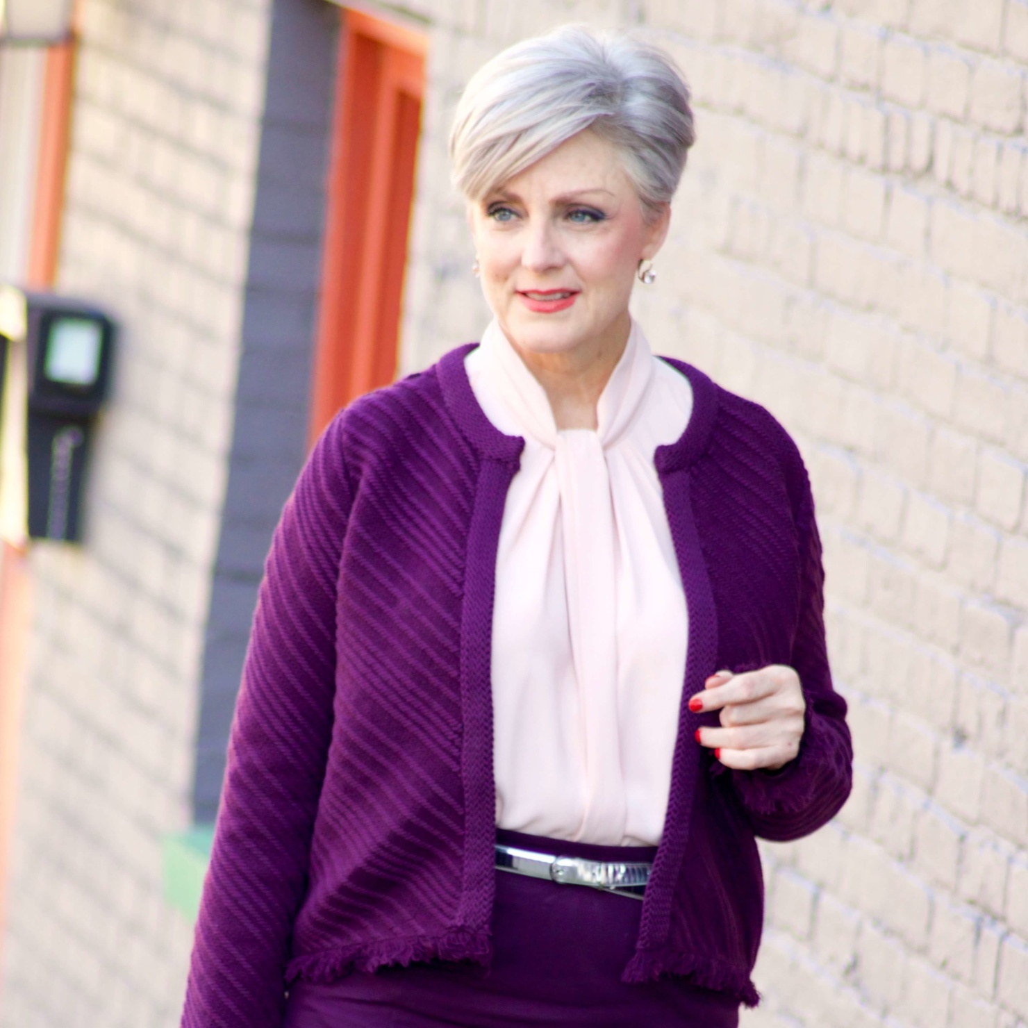 beth from Style at a Certain Age wears Ann Taylor ponte skirt, knot neck blouse, stitched fringe sweater