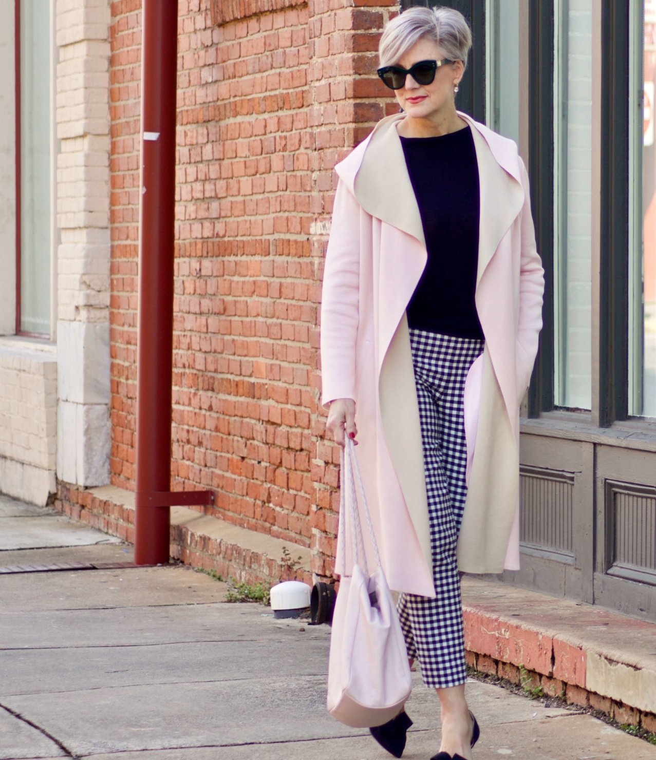 beth from Style at a Certain Age transitions to Spring wearing J.Crew gingham pants, Michael Stars blouson knit top, Misook knit topper and navy suede pumps