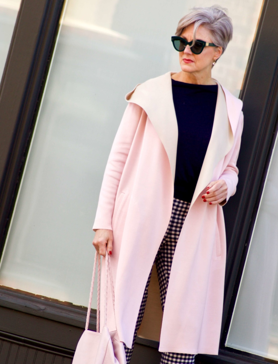 beth from Style at a Certain Age transitions to Spring wearing J.Crew gingham pants, Michael Stars blouson knit top, Misook knit topper and navy suede pumps
