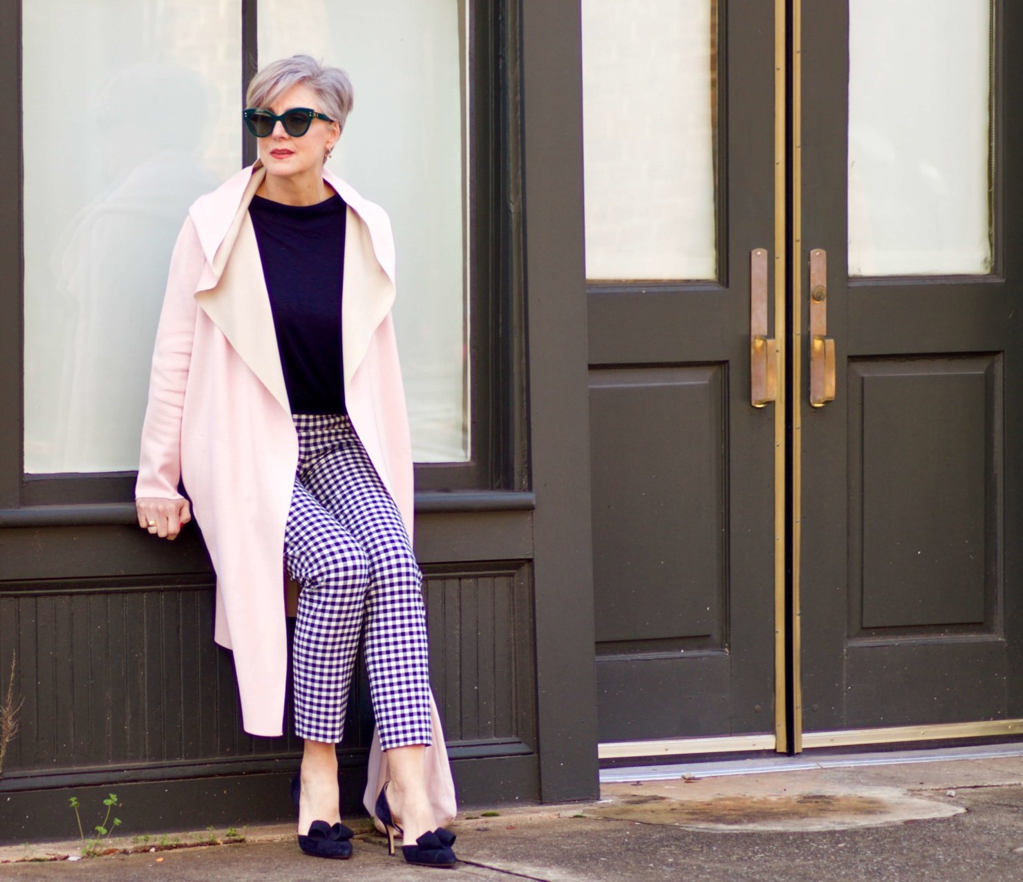 beth from Style at a Certain Age transitions to Spring wearing J.Crew gingham pants, Michael Stars blouson knit top, Misook knit topper and navy suede pumps