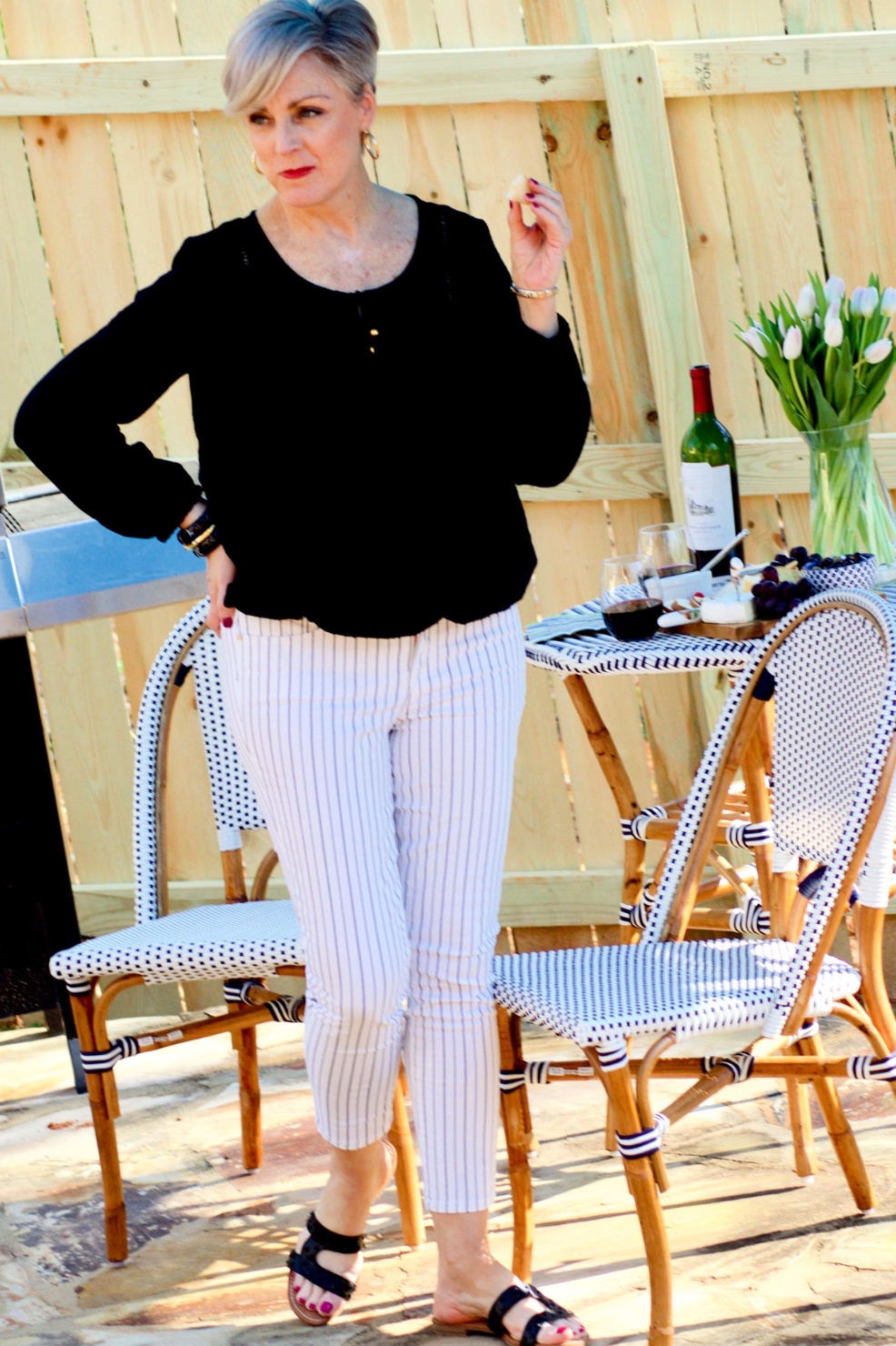 beth from Style at a Certain Age wears clothes from Walmart.com, Sofia peasant blouse and striped jeans