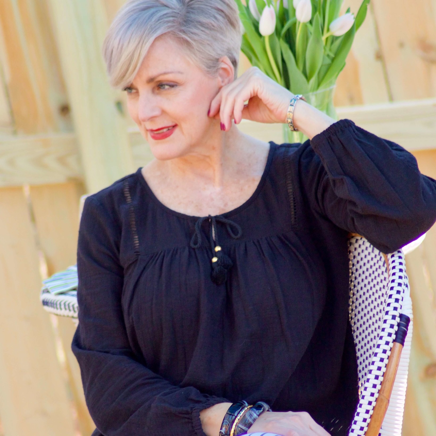 beth from Style at a Certain Age wears clothes from Walmart.com, Sofia peasant blouse and striped jeans
