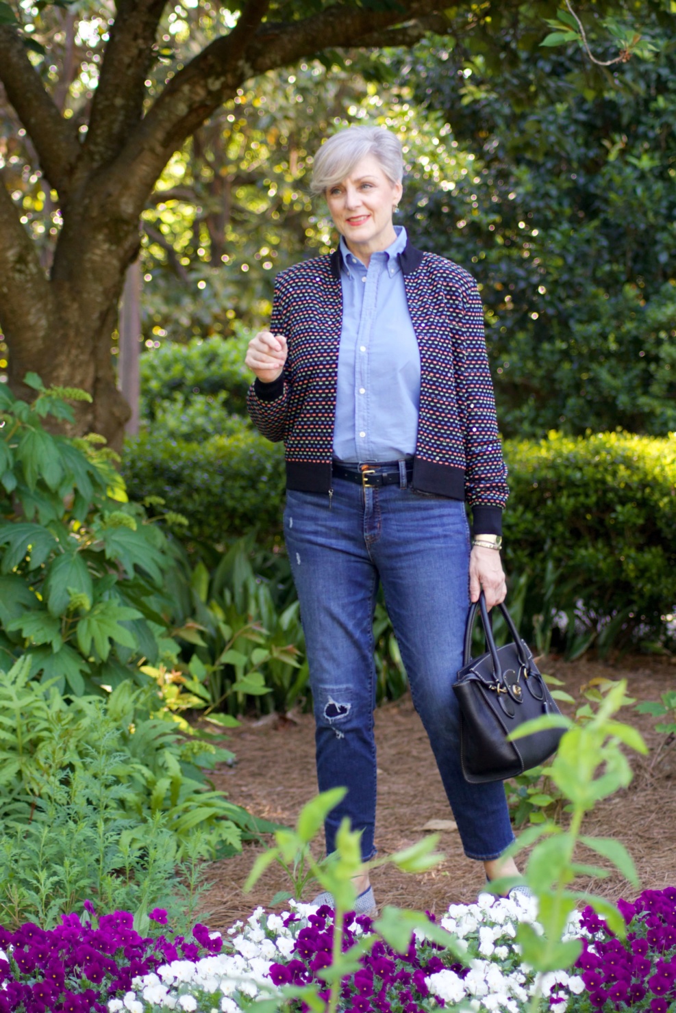 beth from Style at a Certain Age wears high low St. John sweater, J.Crew blue jeans, Ralph Lauren button down, Sam Edelman espadrilles