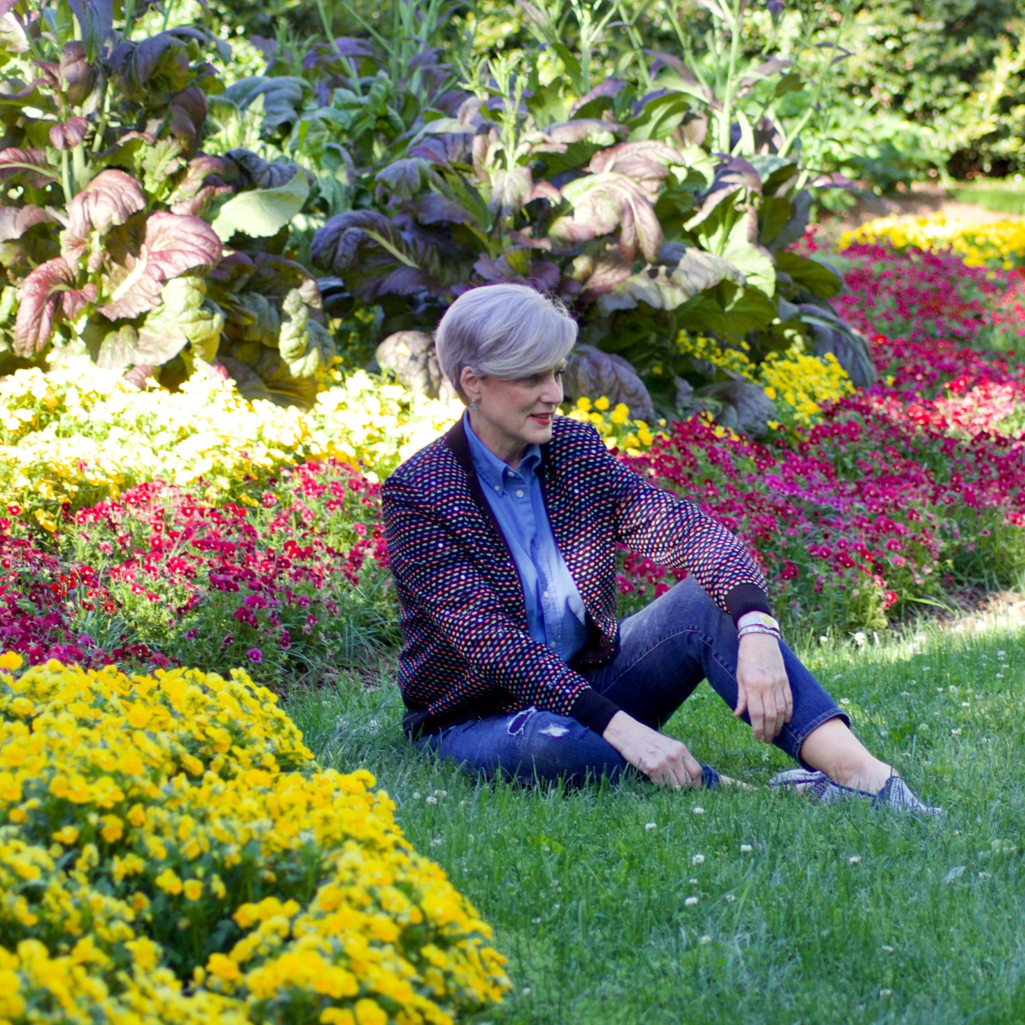 beth from Style at a Certain Age wears high low St. John sweater, J.Crew blue jeans, Ralph Lauren button down, Sam Edelman espadrilles