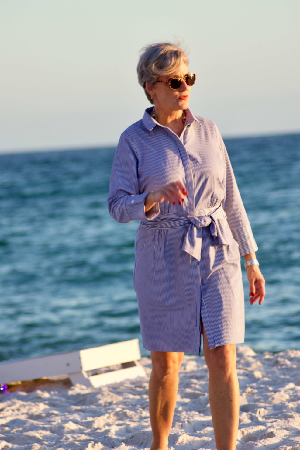 beth from Style at a Certain Age wears a Gretchen Scott shirtdress while visiting Panama City Beach