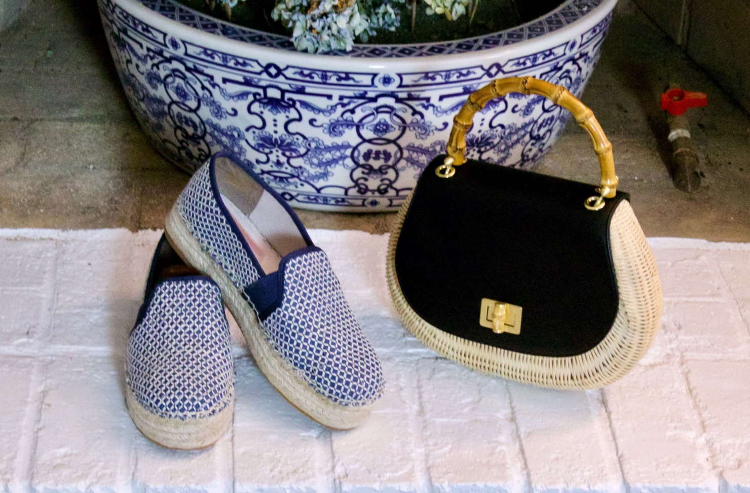 espadrilles and wicker handbag