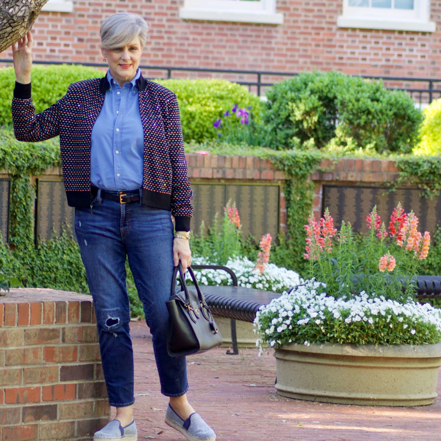beth from Style at a Certain Age wears high low St. John sweater, J.Crew blue jeans, Ralph Lauren button down, Sam Edelman espadrilles