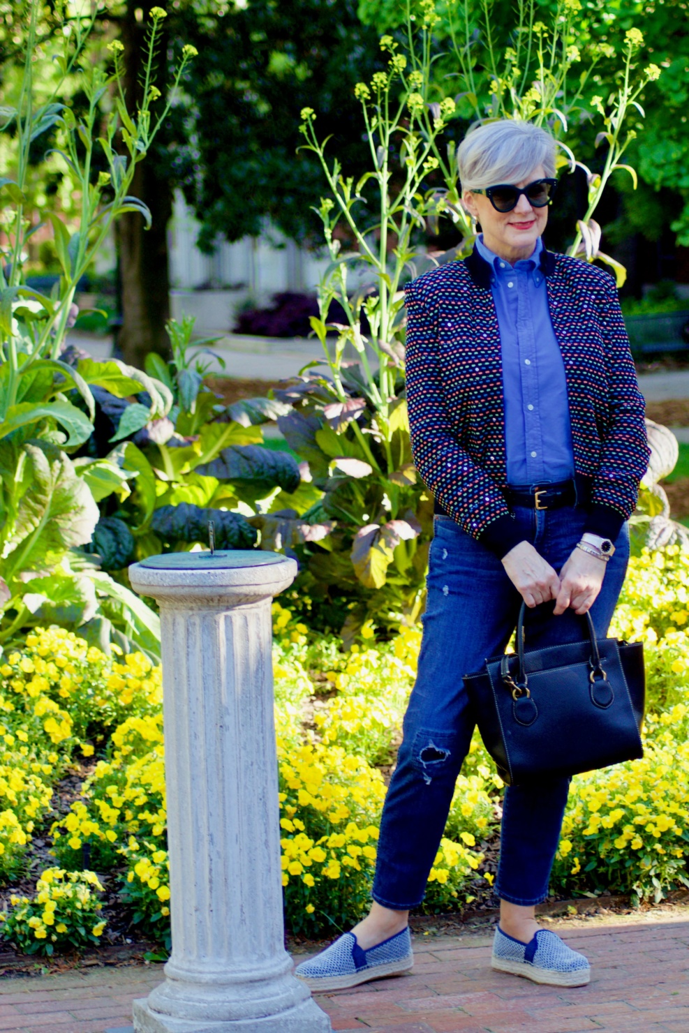 beth from Style at a Certain Age wears high low St. John sweater, J.Crew blue jeans, Ralph Lauren button down, Sam Edelman espadrilles