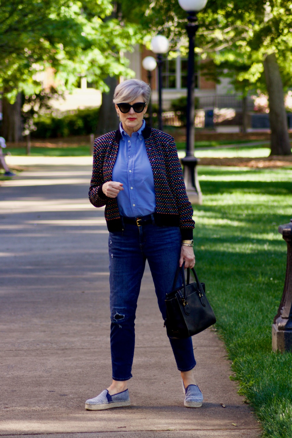 beth from Style at a Certain Age wears high low St. John sweater, J.Crew blue jeans, Ralph Lauren button down, Sam Edelman espadrilles