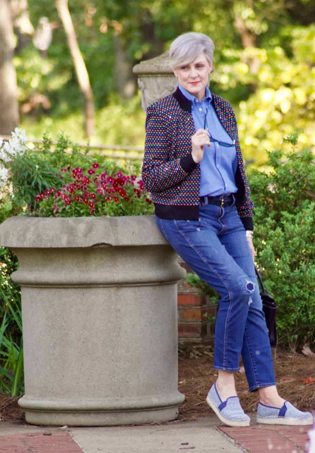 beth from Style at a Certain Age wears high low St. John sweater, J.Crew blue jeans, Ralph Lauren button down, Sam Edelman espadrilles