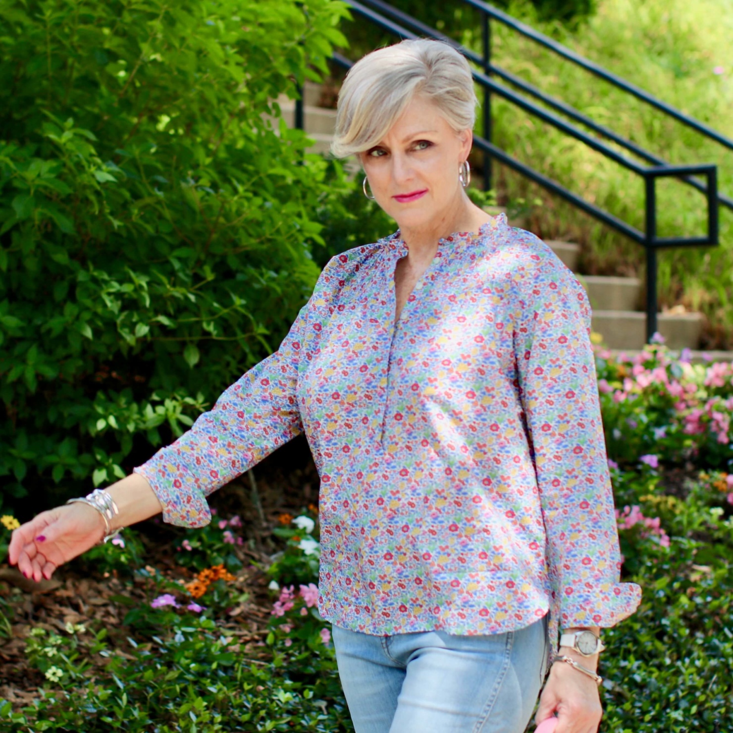 how to wear a j. crew liberty print with distressed jeans