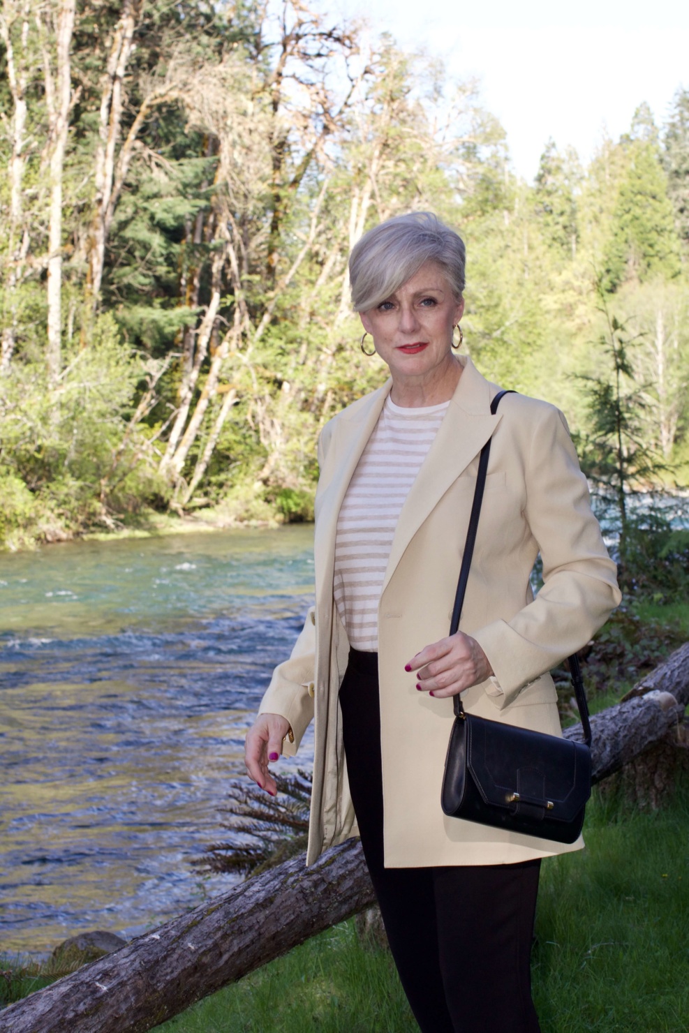 beth from Style at a Certain Age what i wore to the rehearsal dinner Theory blazer, Theory black pants, Vince striped tee, polka dot slingbacks