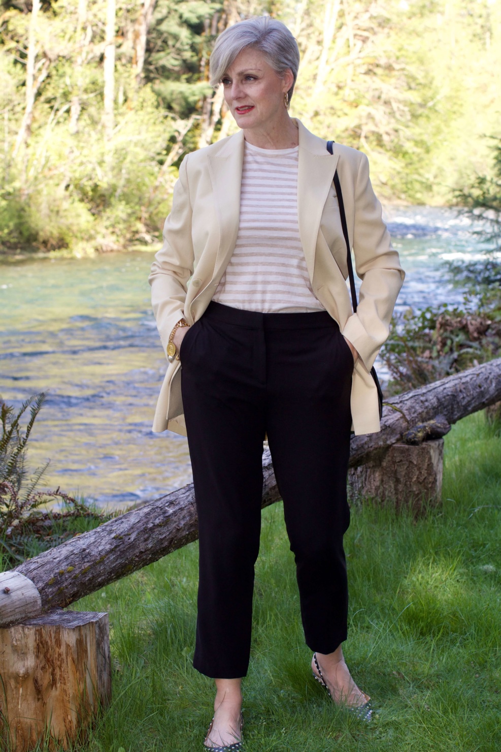 beth from Style at a Certain Age what i wore to the rehearsal dinner Theory blazer, Theory black pants, Vince striped tee, polka dot slingbacks