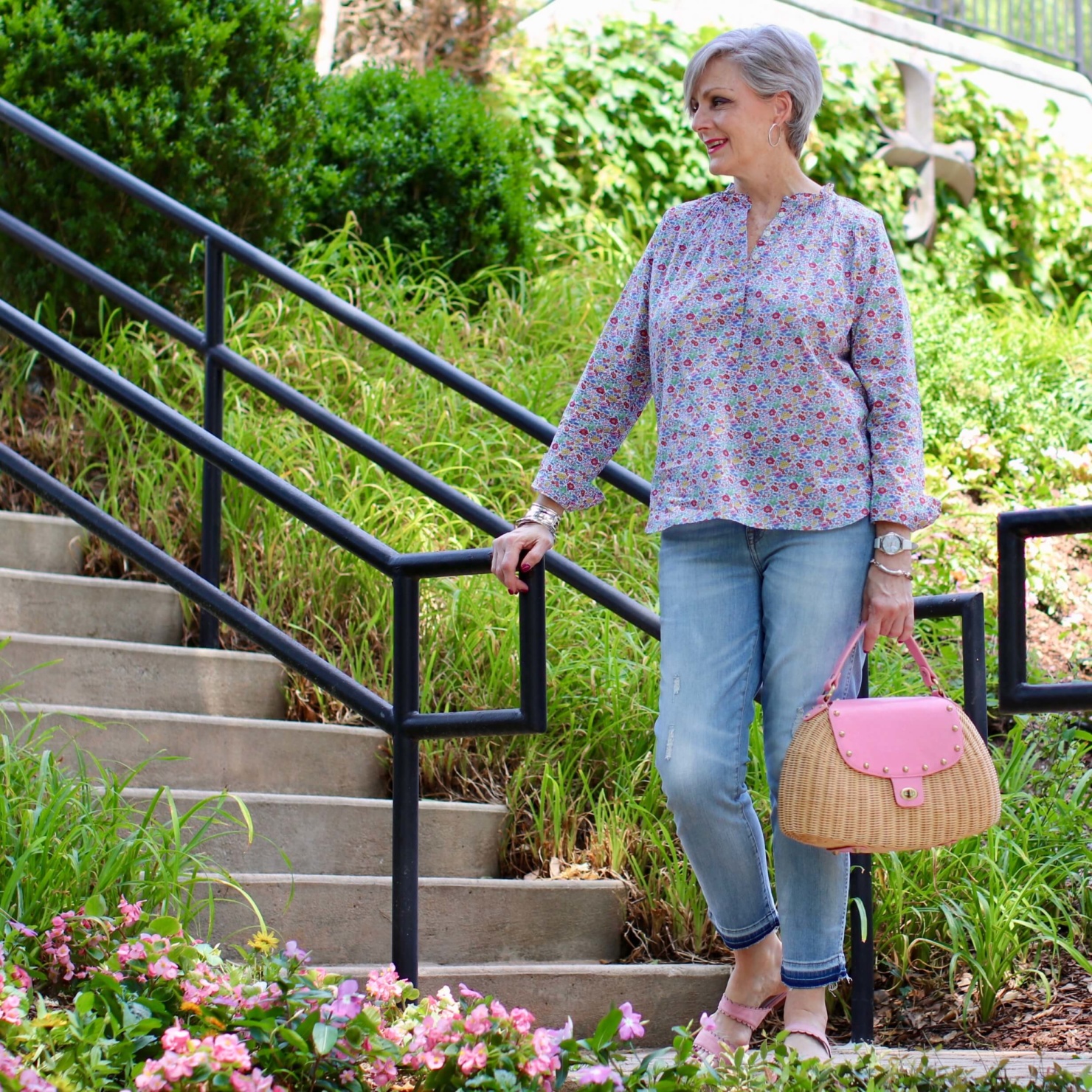 how to wear a j. crew liberty print with distressed jeans