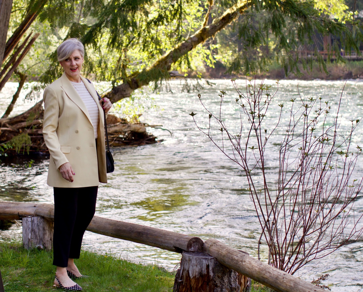 beth from Style at a Certain Age what i wore to the rehearsal dinner Theory blazer, Theory black pants, Vince striped tee, polka dot slingbacks