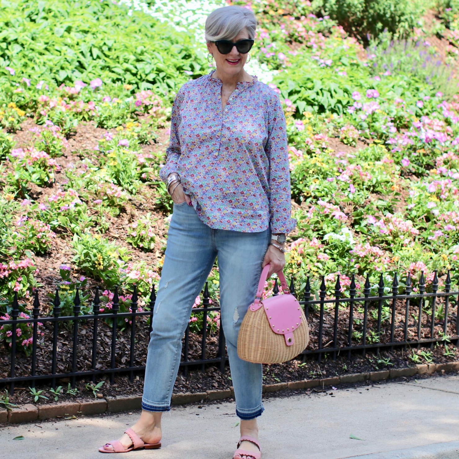 how to wear a j. crew liberty print with distressed jeans
