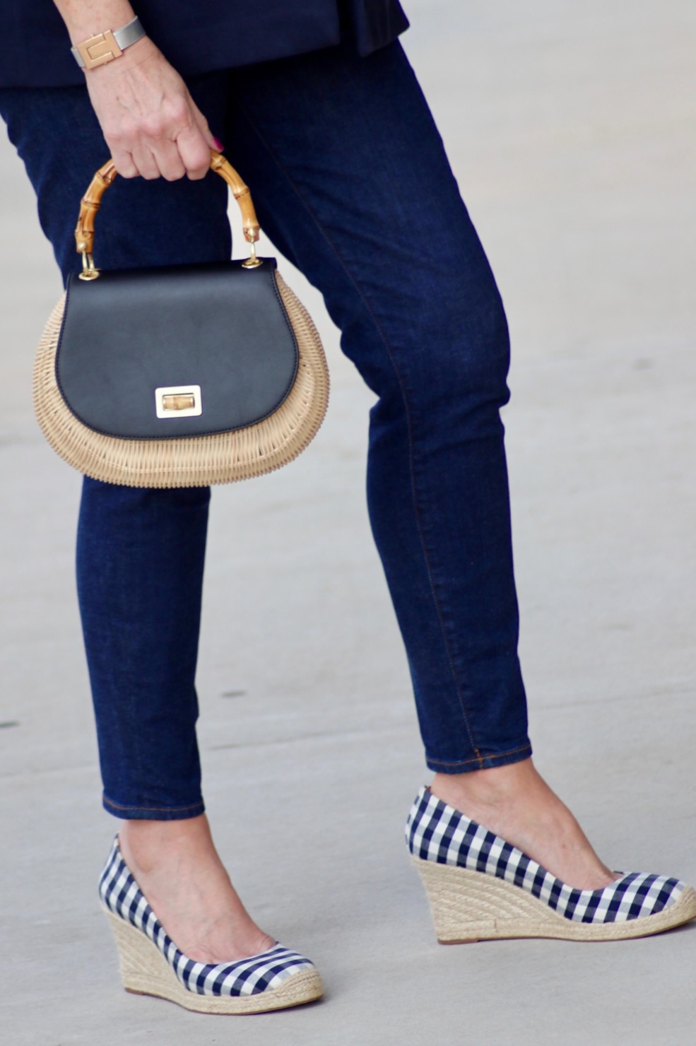 wicker handbag and espadrilles