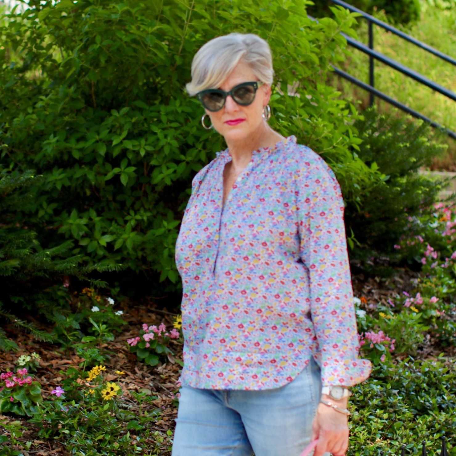 how to wear a j. crew liberty print with distressed jeans