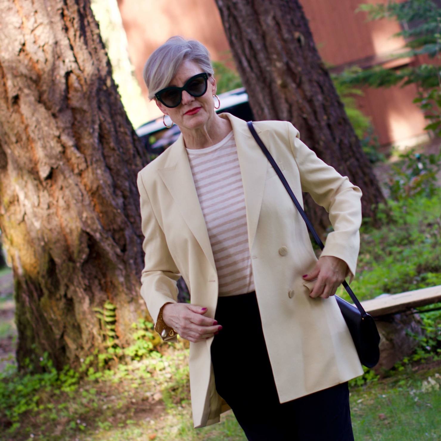 beth from Style at a Certain Age what i wore to the rehearsal dinner Theory blazer, Theory black pants, Vince striped tee, polka dot slingbacks