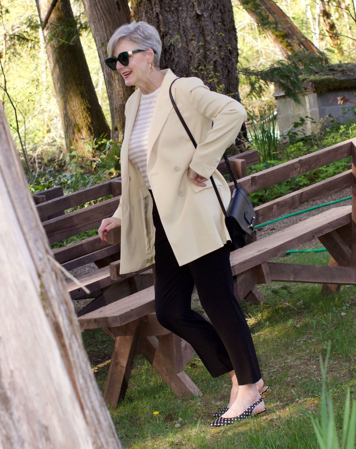 beth from Style at a Certain Age what i wore to the rehearsal dinner Theory blazer, Theory black pants, Vince striped tee, polka dot slingbacks