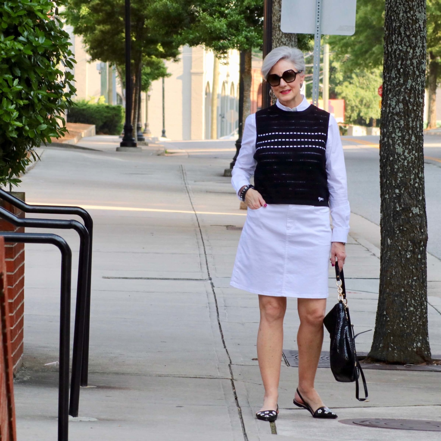 white denim skirt, white poplin shirt and slingback shoes