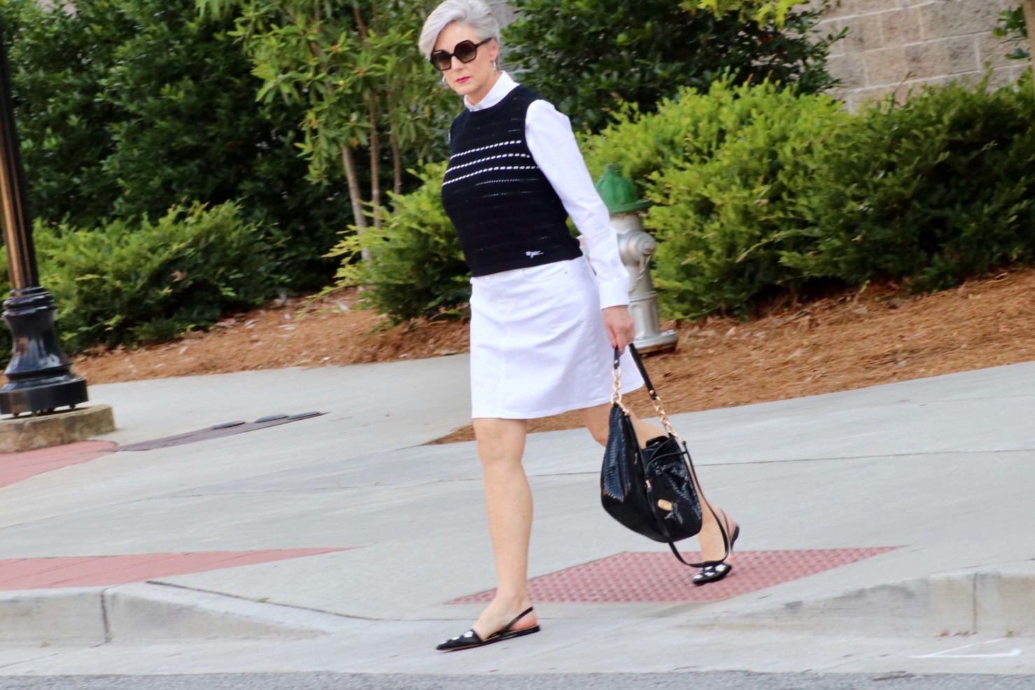 white denim skirt, white poplin shirt and slingback shoes