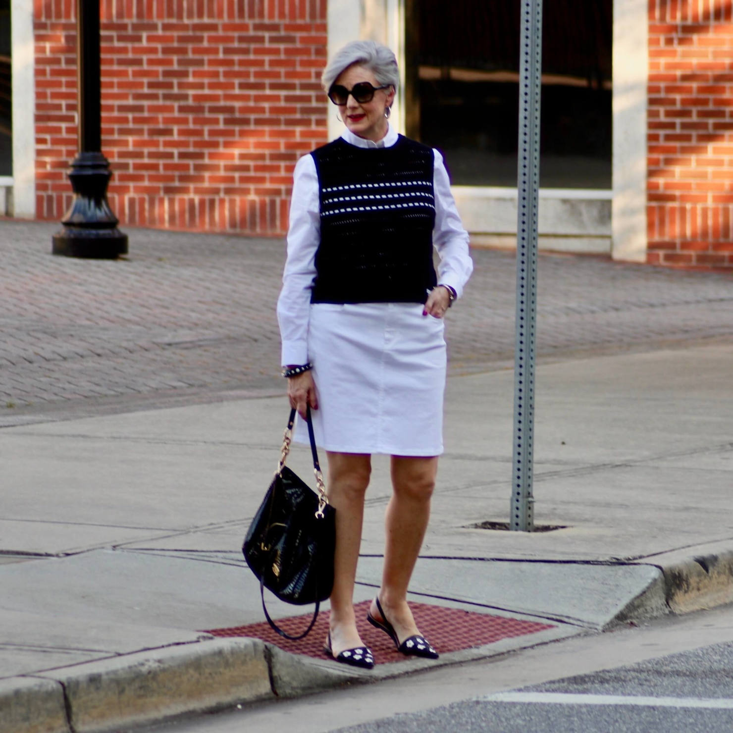 white denim skirt, white poplin shirt and slingback shoes