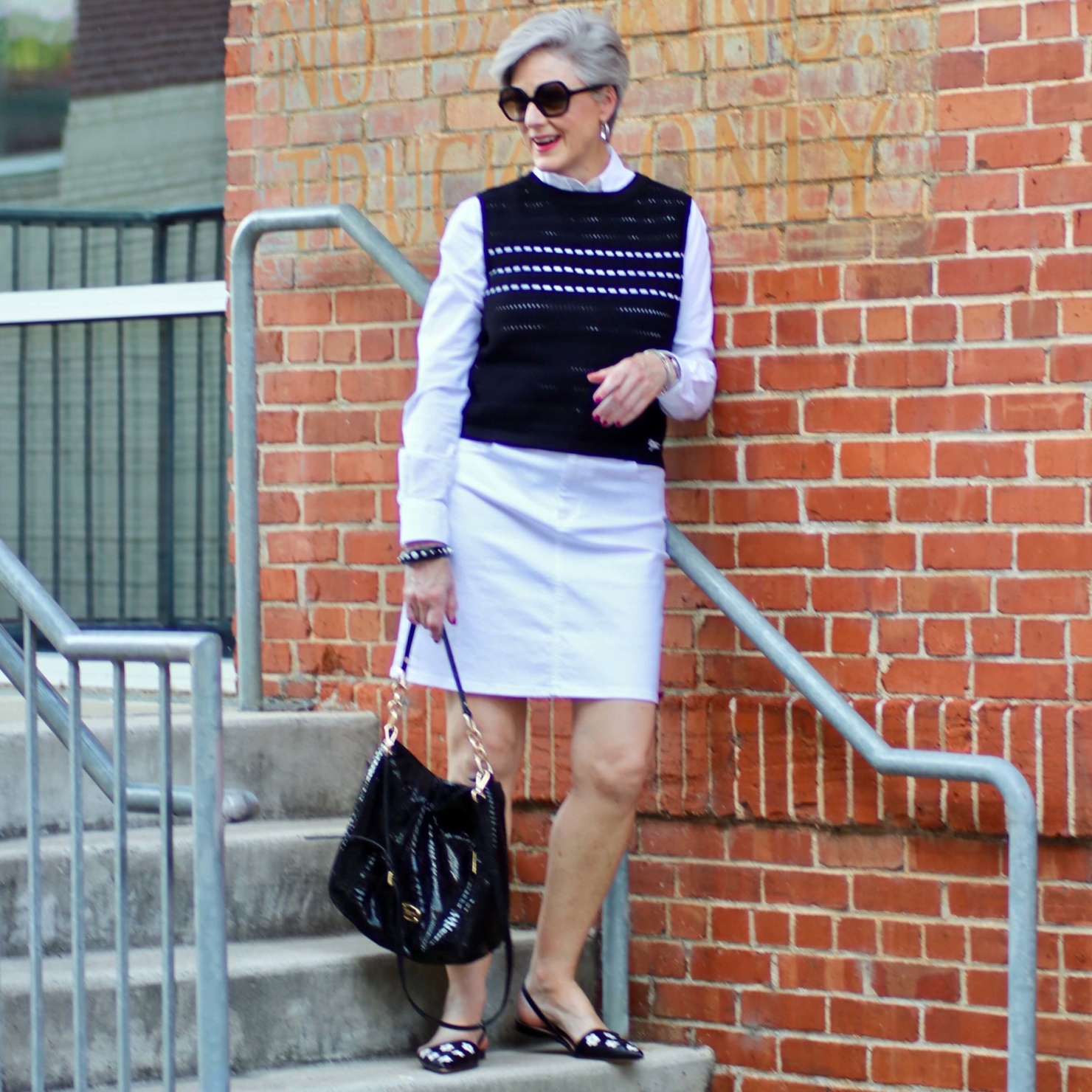 white denim skirt, white poplin shirt and slingback shoes