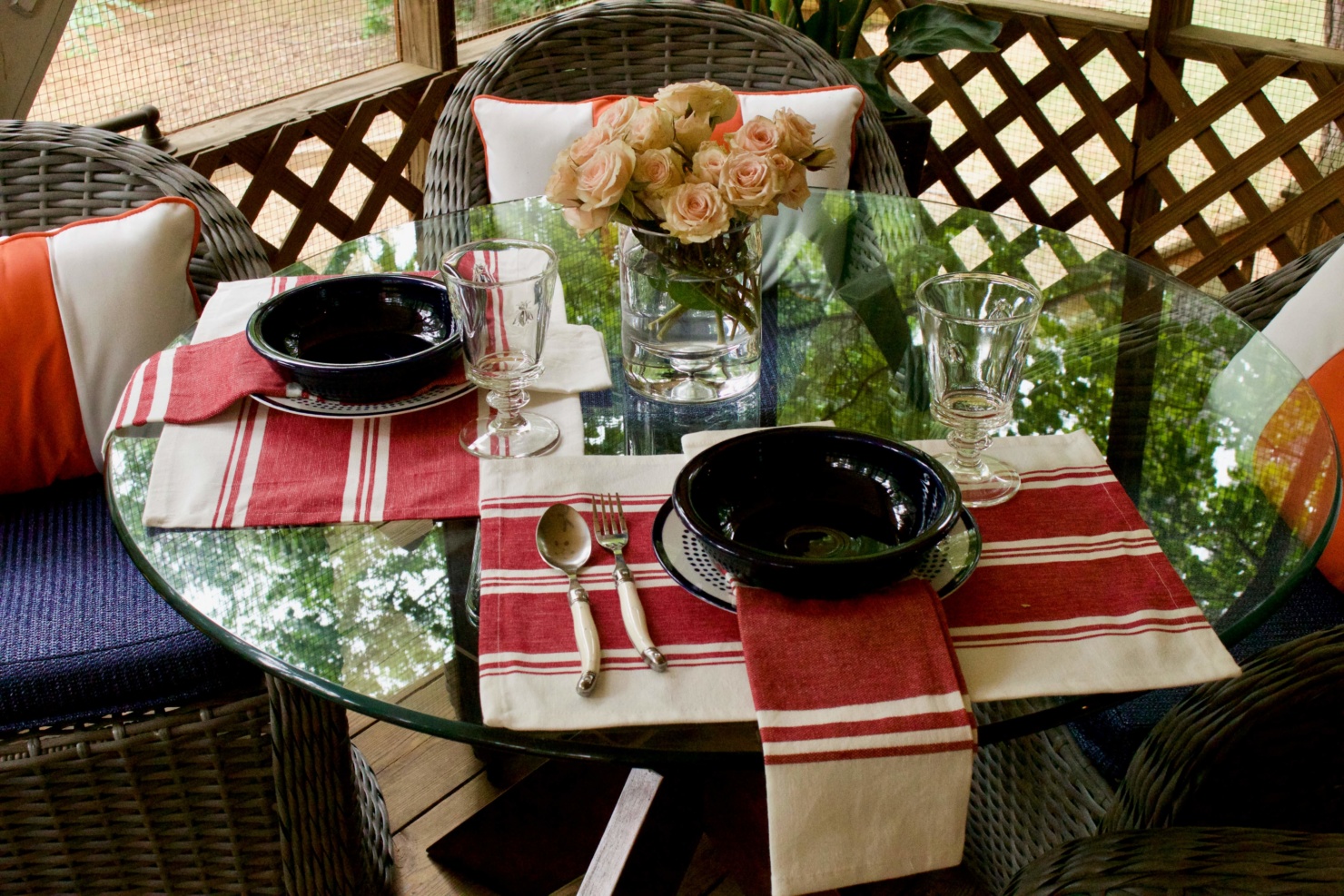 fiesta pasta bowls, napoleonic bee glassware, laguiole flatware