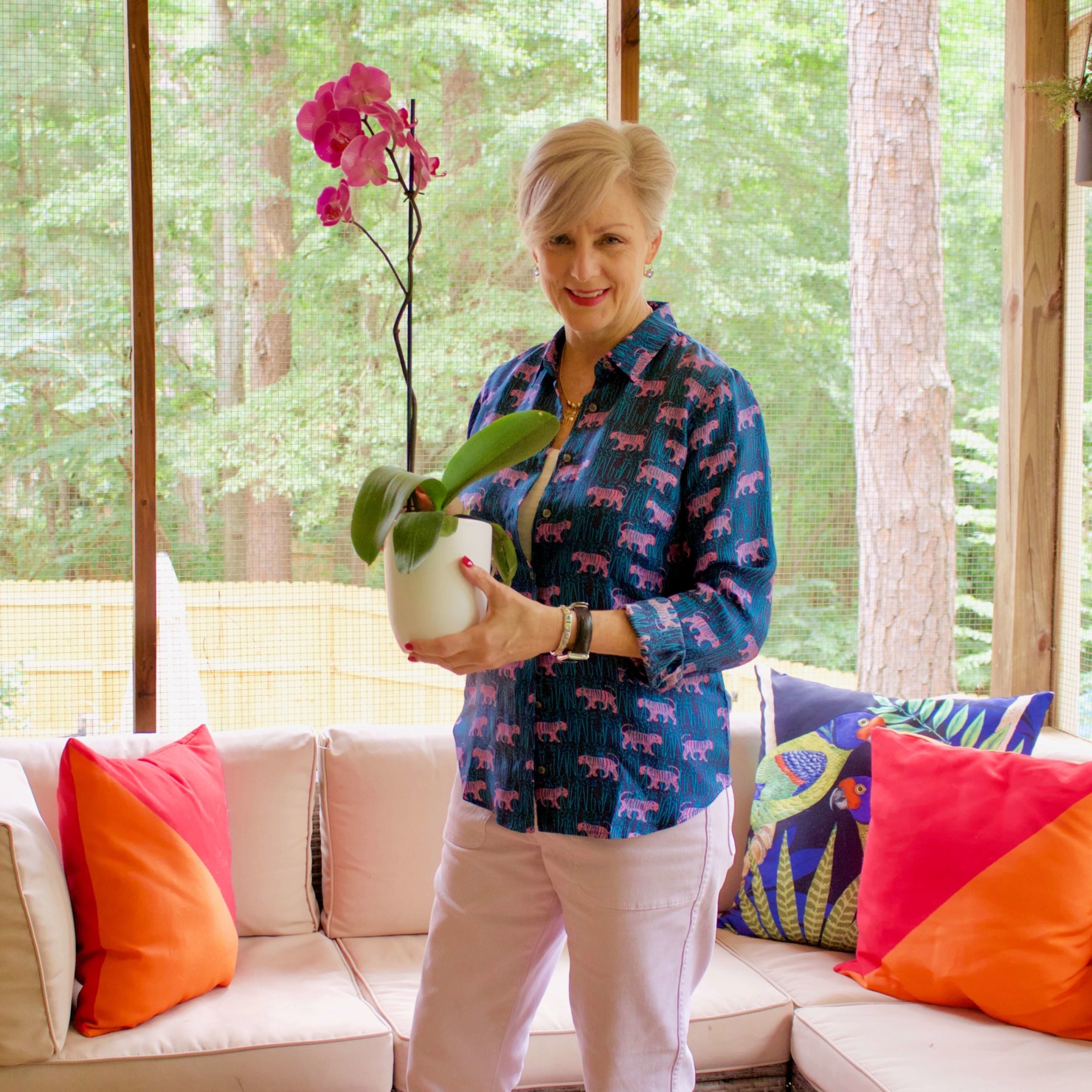 silk twill jungle print shirt, pale orchid chinos, white tee