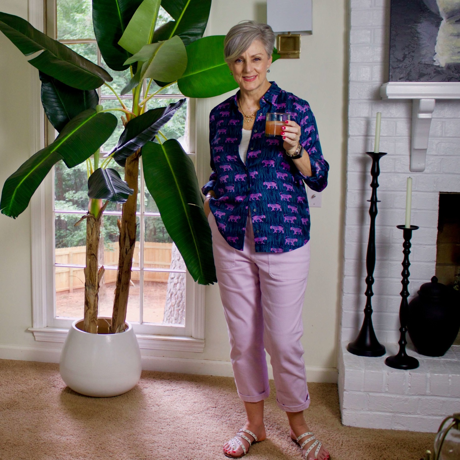 silk twill jungle print shirt, pale orchid chinos, white tee