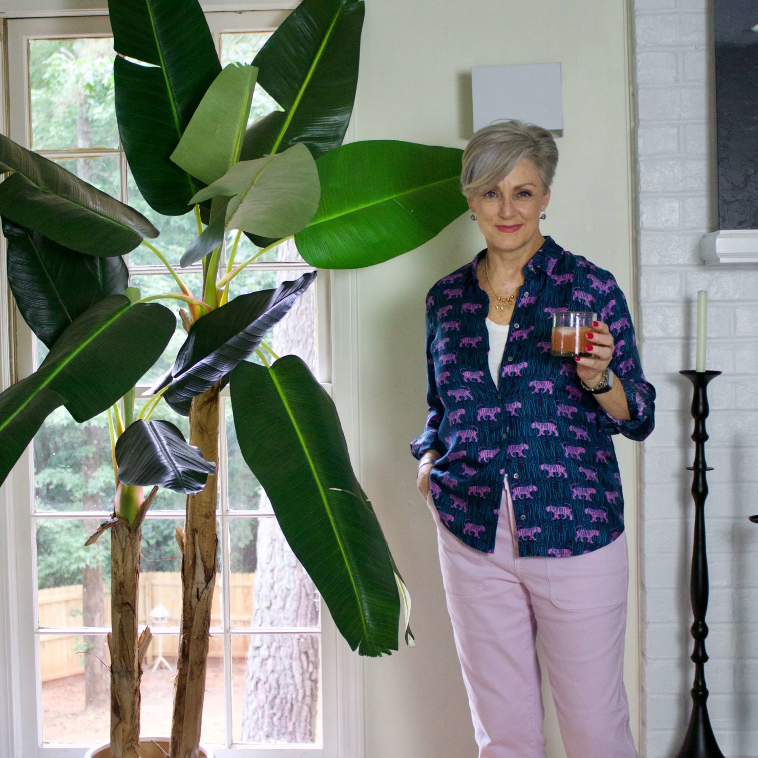 silk twill jungle print shirt, pale orchid chinos, white tee