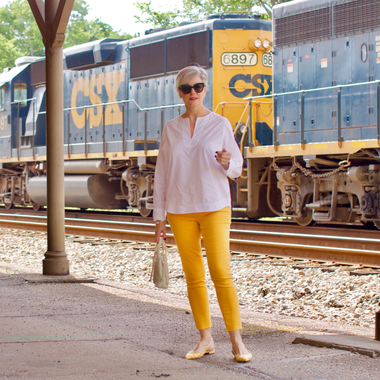yellow denim, white cotton popover, gingham slingbacks