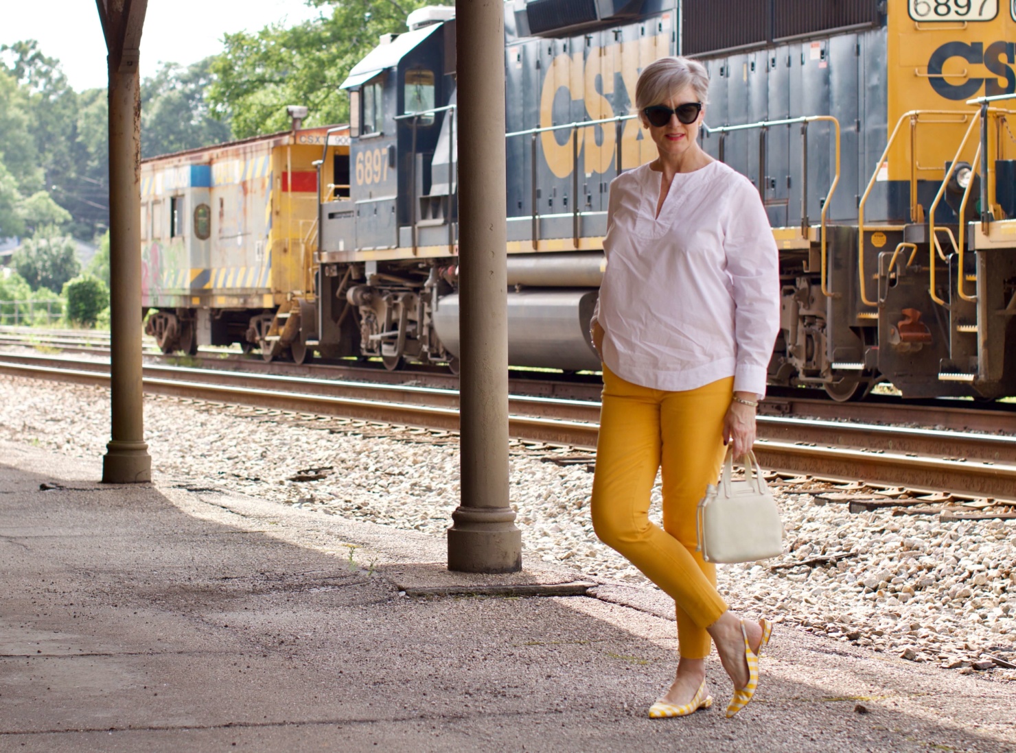yellow denim, white cotton popover, gingham slingbacks